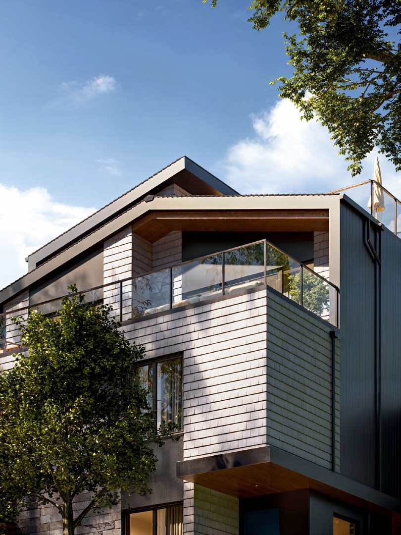 Rendering of contemporary cladding, glazing and terraces at Katsura.