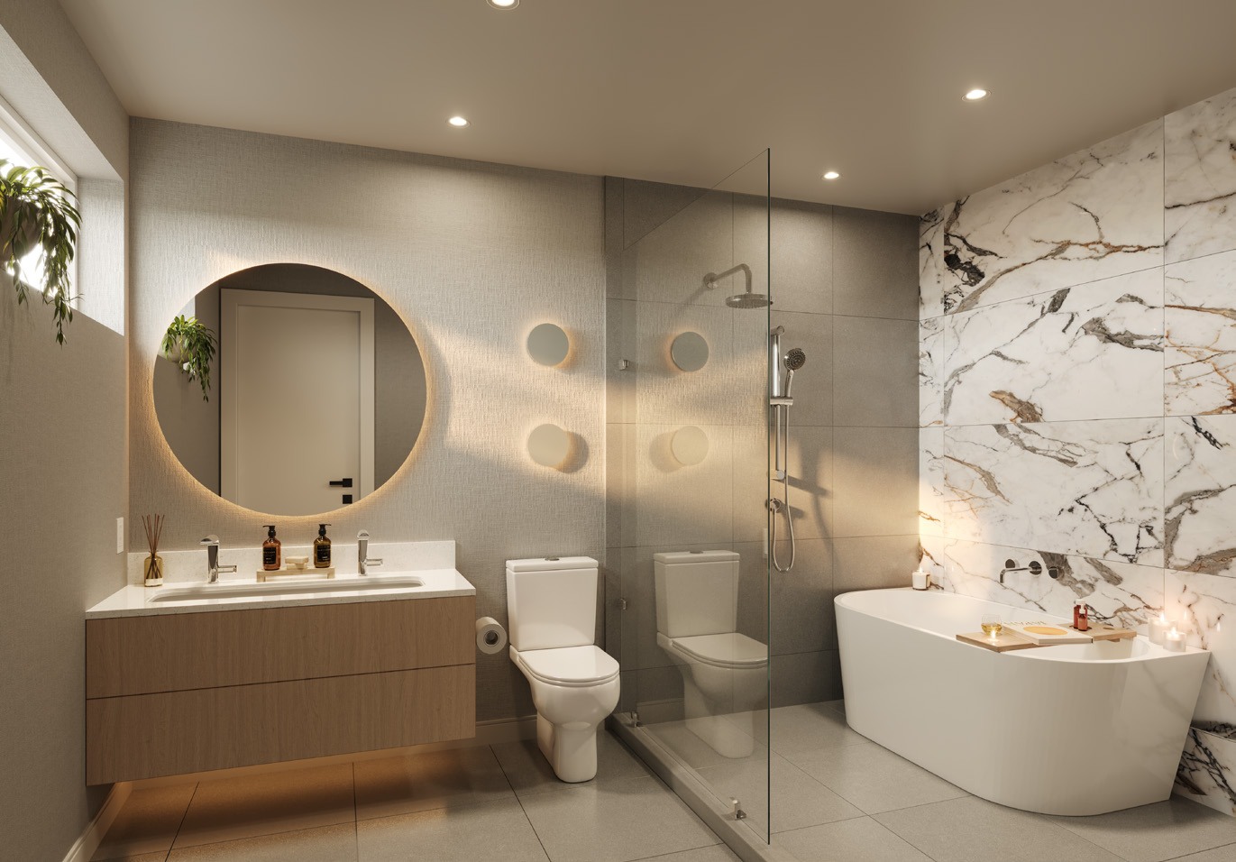 Rendering of a Katsura ensuite with a freestanding bath and floating vanity.