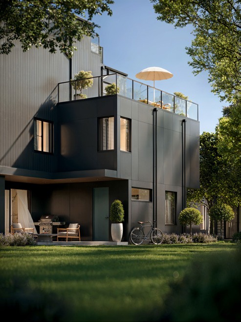 Rendering of a landscaped patio and private exterior space.