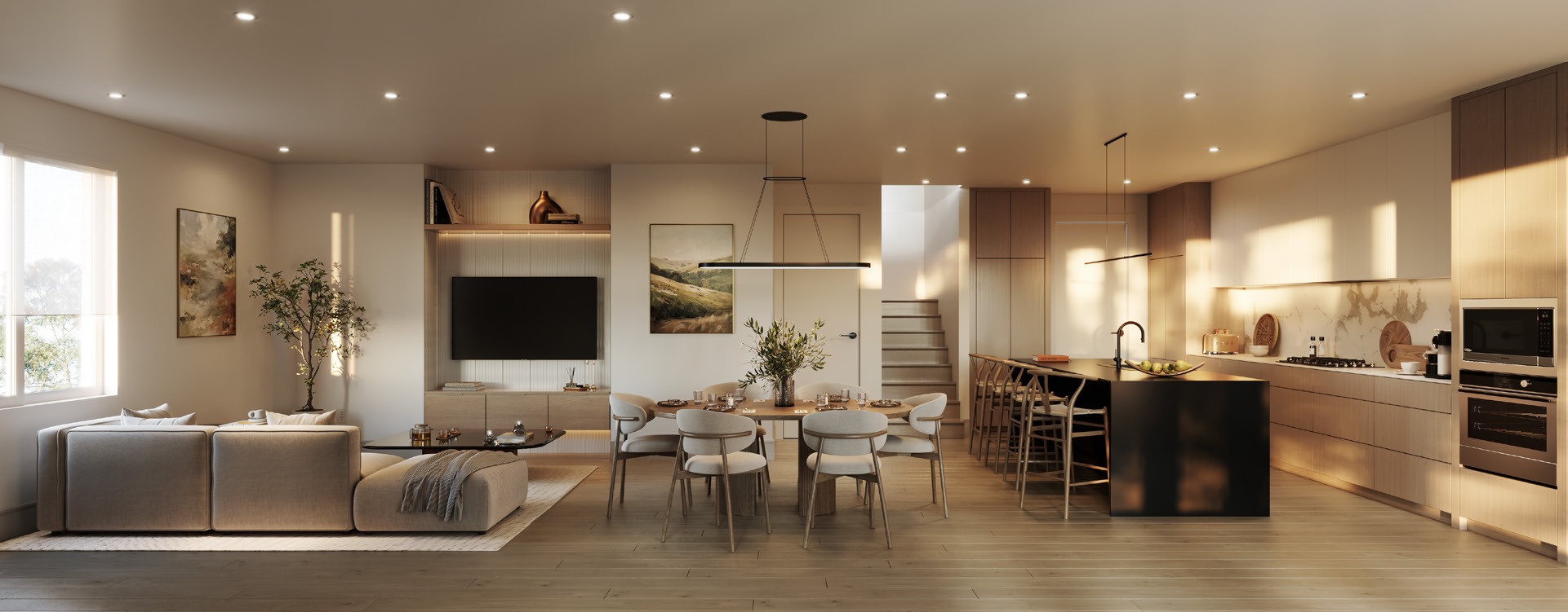 Rendering of Katsura’s open living room, dining area and kitchen.