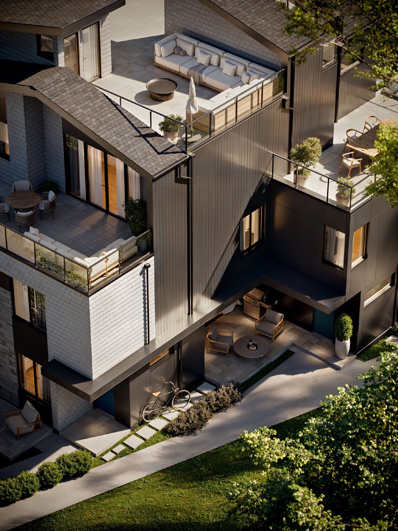 An elevated architectural rendering showing private patios and terraces at Katsura.