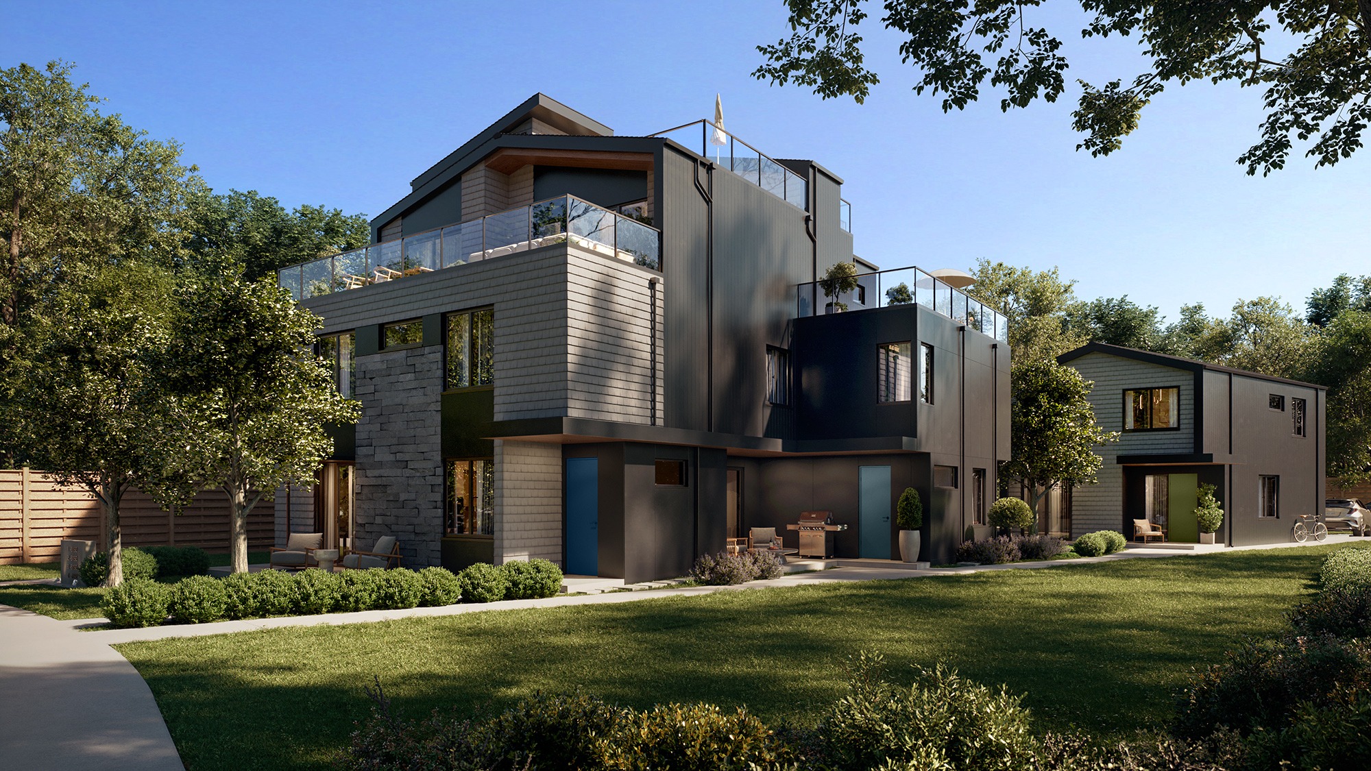 Project-wide exterior rendering of Katsura’s residences. See the selected home’s floorplans for its individual layout.