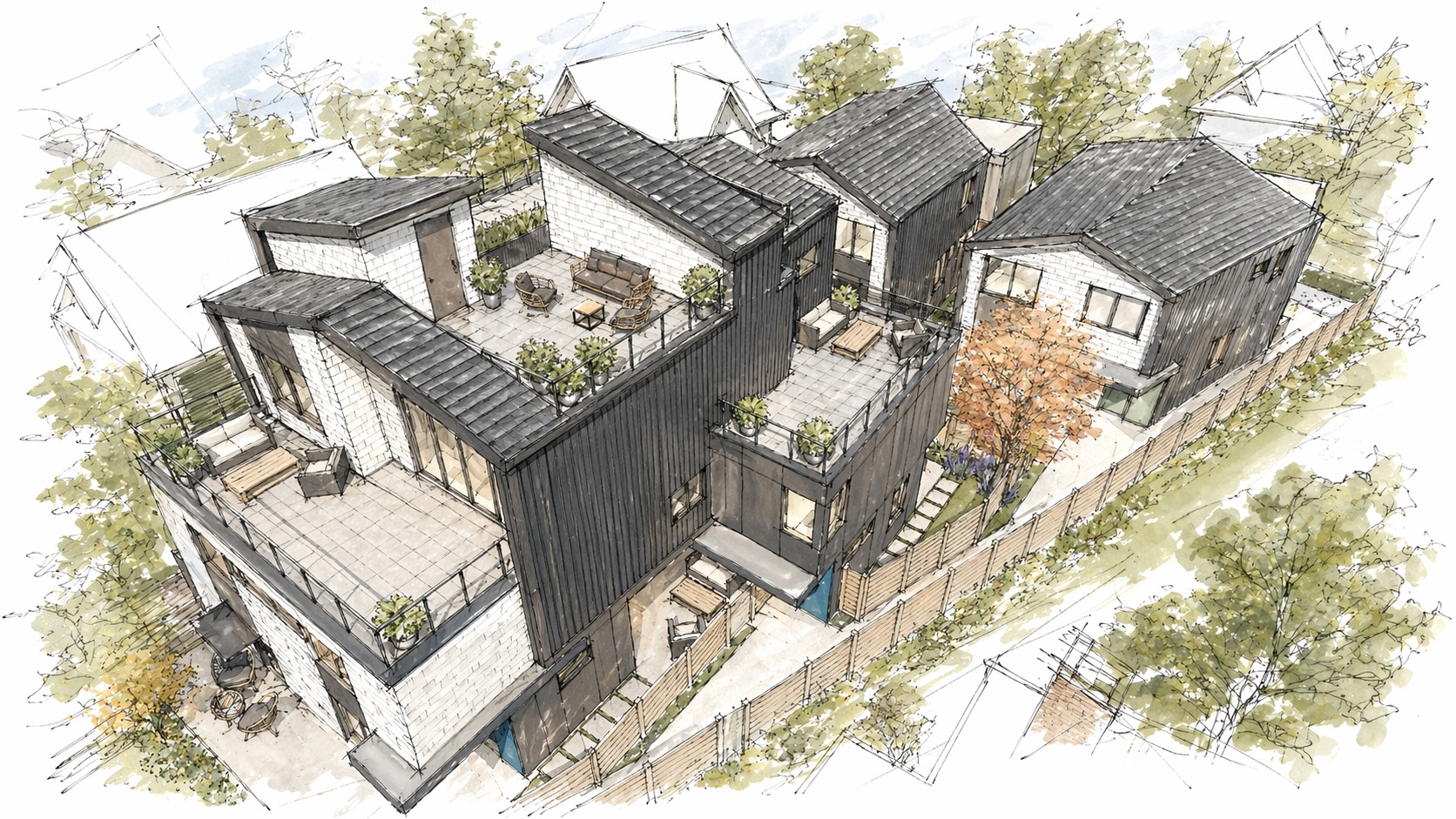 Hand-drawn aerial rendering of the Katsura residences and roof terraces