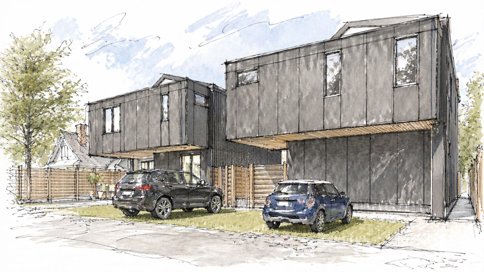 Hand-drawn rear view rendering of Katsura with parking and contemporary architecture