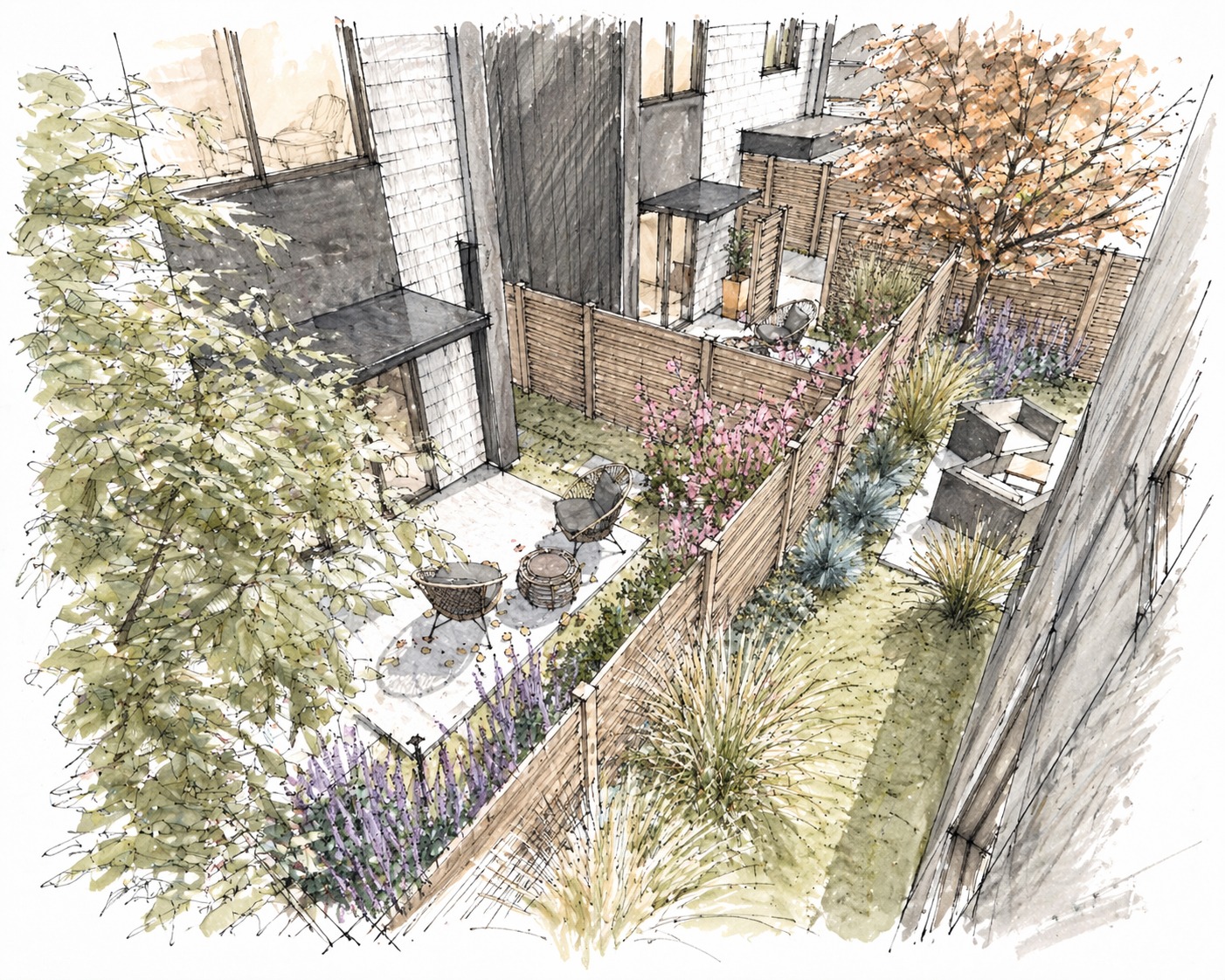 Hand-drawn rendering of private outdoor spaces and landscape design at Katsura